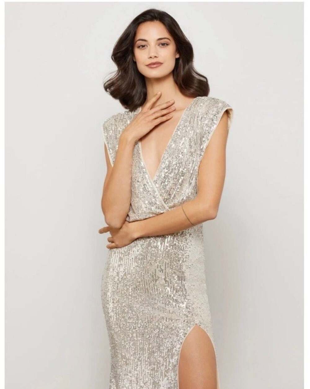 BCBGMAXAZRIA Stretch Sequin Surplice Gown -Small